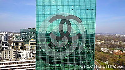 Aerial shot of office skyscraper with Chanel logo. Modern office building. Editorial 3D rendering Editorial Stock Photo