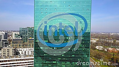 Aerial shot of office skyscraper with Intel Corporation logo. Modern office building. Editorial 3D rendering Editorial Stock Photo