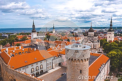 Aerial shot of the old town of Tallinn with orange roofs, churches' spires and the Toompea castle Stock Photo