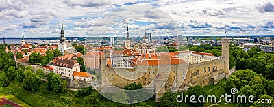 Aerial shot of the old town of Tallinn with orange roofs, churches' spires and the Toompea castle Stock Photo