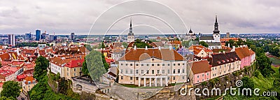 Aerial shot of the old town of Tallinn with orange roofs, churches' spires and the Toompea castle Stock Photo