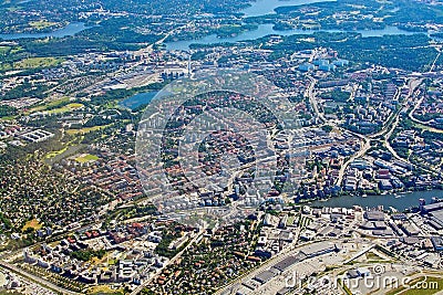 Aerial shot over Solna and Bromma airport below Stock Photo