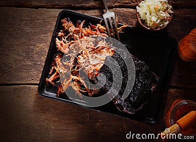 Aerial Shot of Pulled Pork Dish on Tray Stock Photo