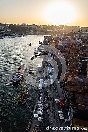 Aerial shot of Ribeira and Douro river, Porto, at sunset Editorial Stock Photo