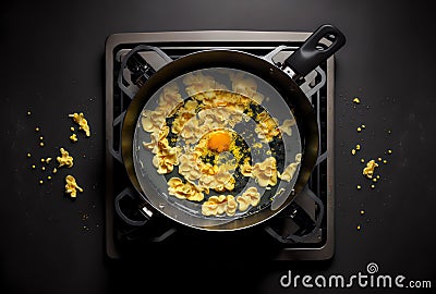 aerial shot of scrambled eggs frying in a pan on a stovetop (AI Generated) Stock Photo