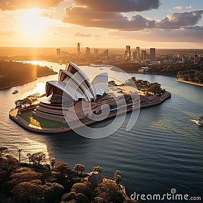 An aerial shot of the Sydney Opera House in Australia, with its distinctive sail-like roofs visibl Stock Photo