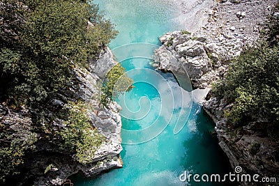 Aerial shot of the Valbona Valley National Park with reflecting waters in Albania Stock Photo