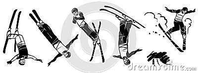 Aerial skiing. Set of illustrations aerial acrobatics. Vector Illustration