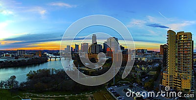 Aerial Skyline Sunset Tall Condo Foreground Austin Texas Capital Cities Glowing busy at night Stock Photo