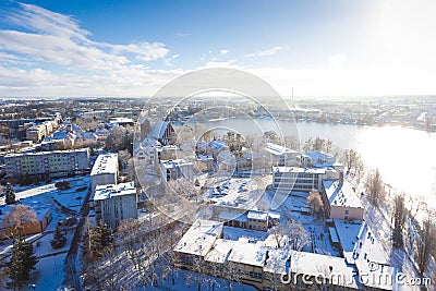 Aerial snowy town Stock Photo