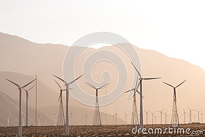 Aerial Solar Farm and Turbines in California Desert Stock Photo
