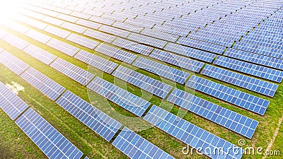 Aerial. Solar panels farm. Top view from drone. Stock Photo