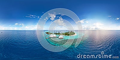 Aerial spherical panorama of tropical paradise beach on tiny Maldives island Stock Photo