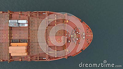 Aerial straight down view of the bow of an empty cargo ship at sea Stock Photo