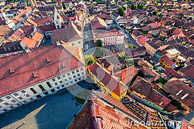Aerial summer view of Altemberger House - Sibiu History Museum. Aerial cityscape of Sibiu town. Impressive morning scene of Transy Stock Photo
