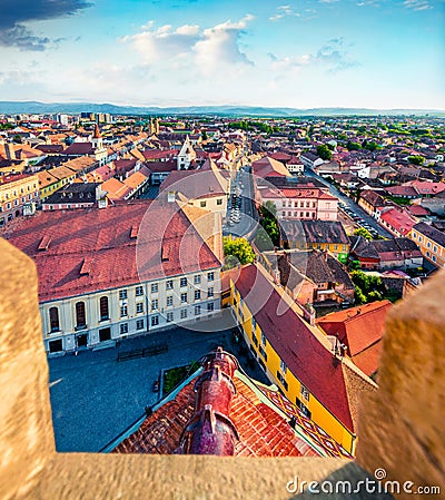 Aerial summer view of Altemberger House - Sibiu History Museum. Picturesque cityscape of Sibiu town. Impressive morning scene of T Stock Photo