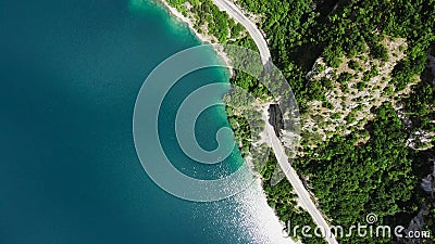 Aerial summer view of Pivsko lake. Road with tunnel near the Piva river, Montenegro Stock Photo