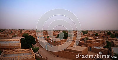 Aerial sunrise panoramic view to Agadez old city, Air, Niger Stock Photo