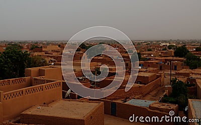 Aerial sunrise panoramic view to Agadez old city, Air, Niger Stock Photo