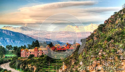 Aerial sunrise panoramic view to Colca river and Sabancaya mountain, Chivay, Peru Stock Photo