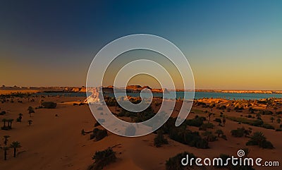 Aerial sunrise Panoramic view to Yoa lake group of Ounianga kebir lakes at the Ennedi, Chad Editorial Stock Photo