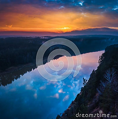 Aerial sunrise or sunset with fog and river Stock Photo