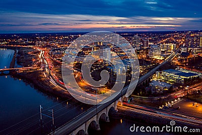 Aerial of Sunset in New Brunswick New Jersey Stock Photo