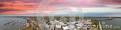 Aerial sunset view of Beaufort, South Carolina. Panoramic picture from drone perspective Stock Photo