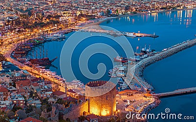 Sunset view of popular seaside resort city Alanya, Turkey Stock Photo