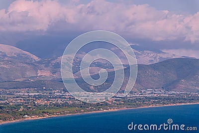 Aerial sunset view to Sperlonga coast form Sunset view from Remains Of Temple Of Jupiter Anxur in Terracina, Italy Stock Photo