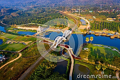 Aerial of Thachomphu Railway Bridge or White Bridge in Lamphun, Thailand. Stock Photo