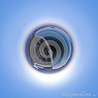 Aerial tiny planet photo took above Morii Lake, Bucharest, Romania Stock Photo