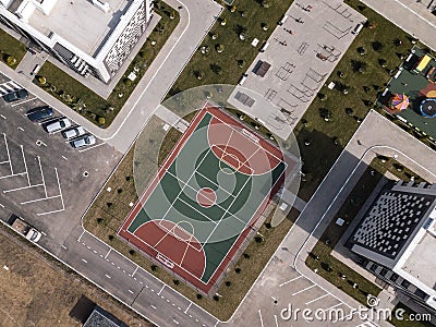 Aerial top down drone shot. Sport ground among the apartment complex. Russia. Editorial Stock Photo