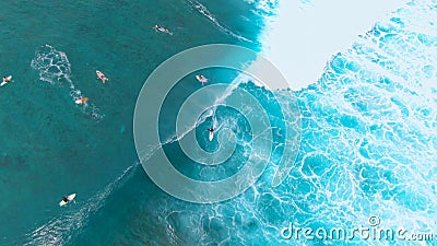 AERIAL: Waves coming from the open waters rush past surfers paddling out. Stock Photo