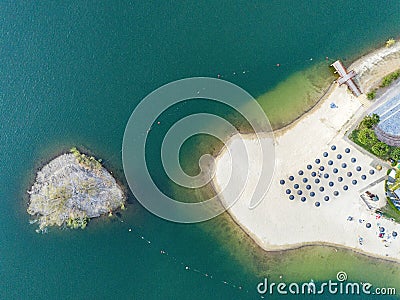 Aerial top down view of Mina de SÃ£o Domingos, Tapada Grande River Beach lagoon, Alentejo, Portugal Stock Photo