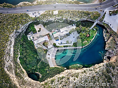 Aerial top down view of the popular Vouliagmeni lake Stock Photo