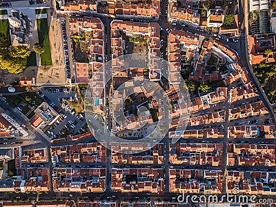 Aerial Top Down View of Traditional Residential Neighbourhood in Lisbon, Portugal Stock Photo