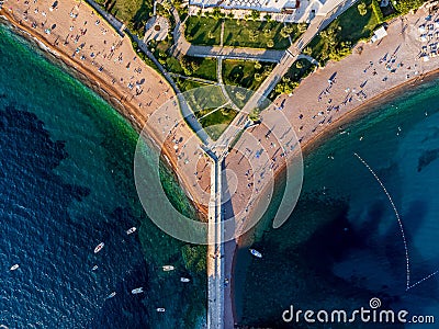 Aerial top shot of Saint Stephen populated beach with the seascape view Stock Photo