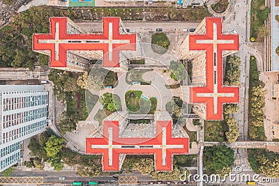 Aerial top view of the building exterior of public housing in Hong Kong Stock Photo