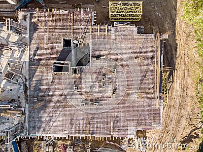 aerial top view of building under construction with steel rebars mesh Stock Photo