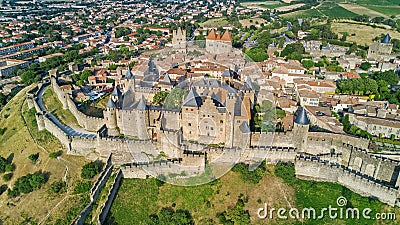 Aerial top view of Carcassonne medieval city and fortress castle from above, France Stock Photo