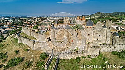 Aerial top view of Carcassonne medieval city and fortress castle from above, France Stock Photo