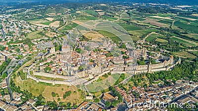 Aerial top view of Carcassonne medieval city and fortress castle from above, France Stock Photo