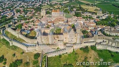 Aerial top view of Carcassonne medieval city and fortress castle from above, France Stock Photo