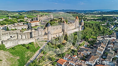 Aerial top view of Carcassonne medieval city and fortress castle from above, France Stock Photo