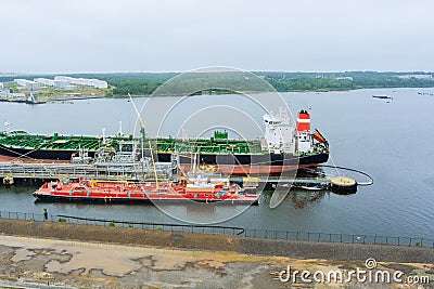Aerial view cargo operations tanker ship, oil ship operation during petroleum transfer Stock Photo
