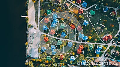 Aerial top view of the colored houses. Country complex. Building. Nature Stock Photo