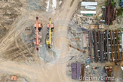 Aerial top view: constraction crane or trucks Stock Photo