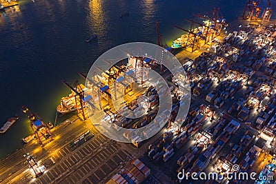 Aerial top view of container cargo ship in the export and import business and logistics international goods in urban city. Editorial Stock Photo