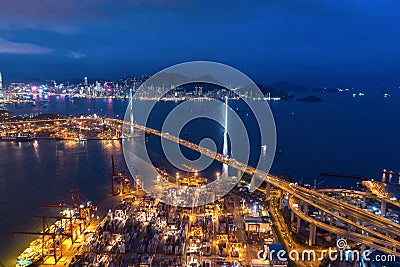 Aerial top view of container cargo ship in the export and import business and logistics international goods in urban city. Editorial Stock Photo